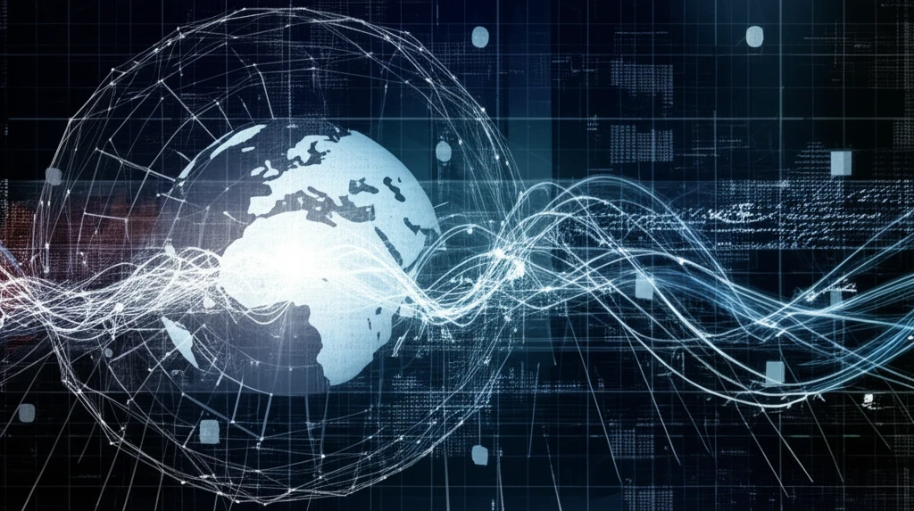 Abstract illustration of interconnected AI data streams and a stylized globe.