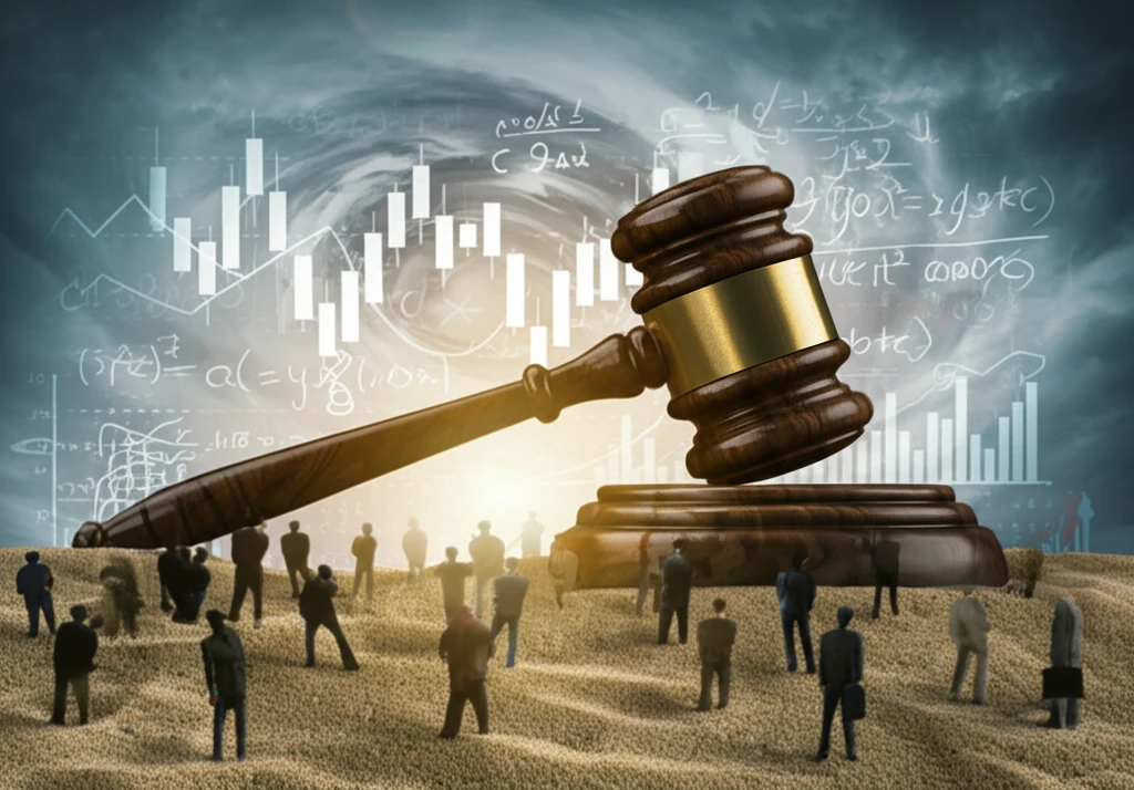 Surreal image of a second-price auction with shifting sands and economic graphs.