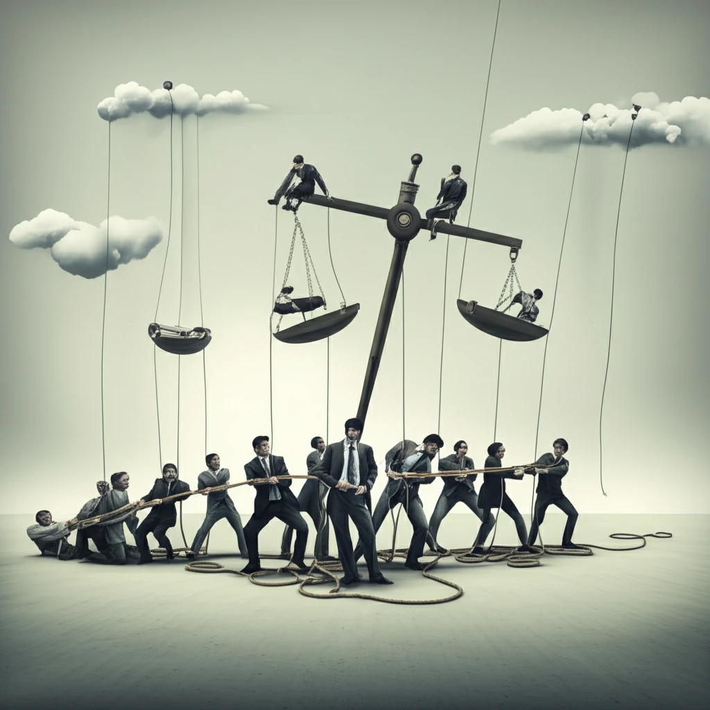 Conflicting priorities in social decision-making, symbolized by people pulling scales.