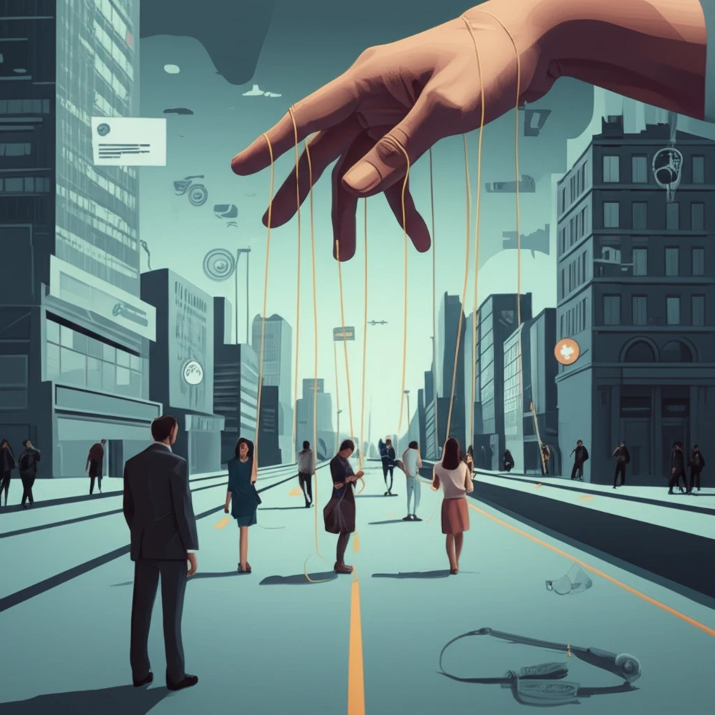 Surreal illustration of social distancing in a city with government intervention symbols.