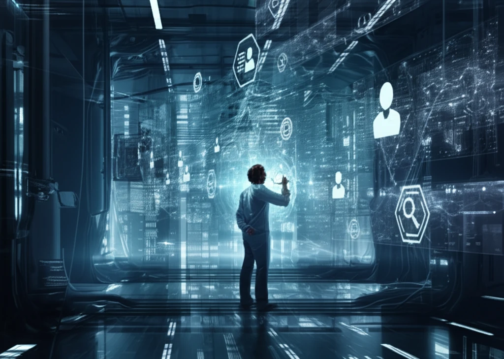 Scientist examining a web of interconnected data streams representing policy and economics.