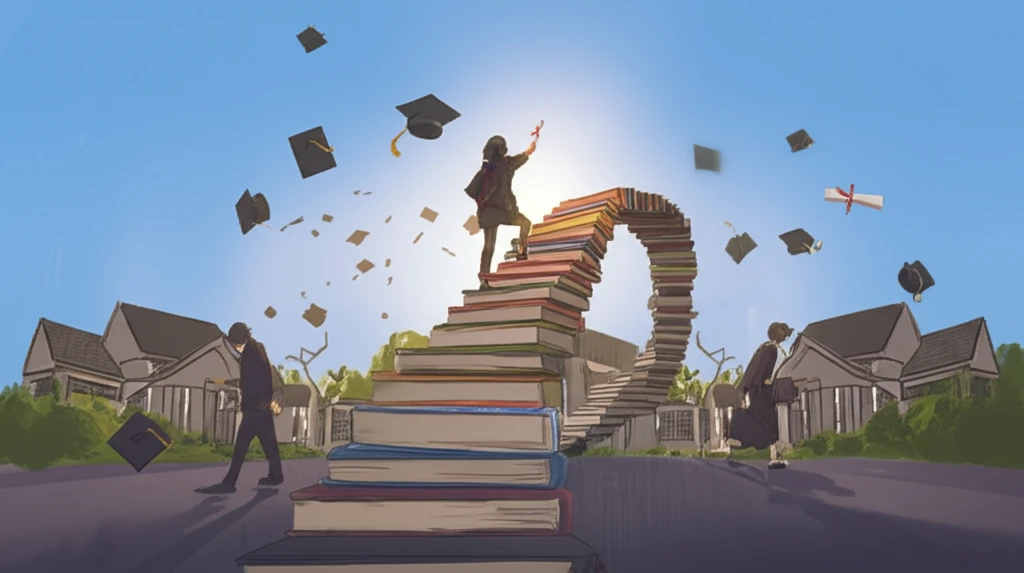 A student climbing a staircase made of books towards a college diploma.