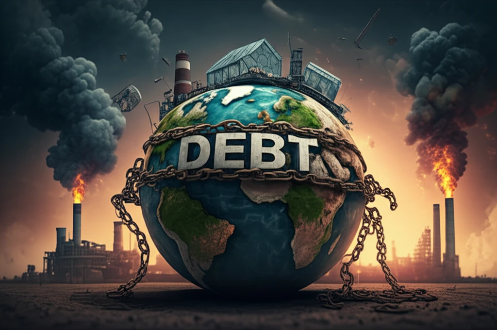 Earth shackled by debt, emitting greenhouse gases.