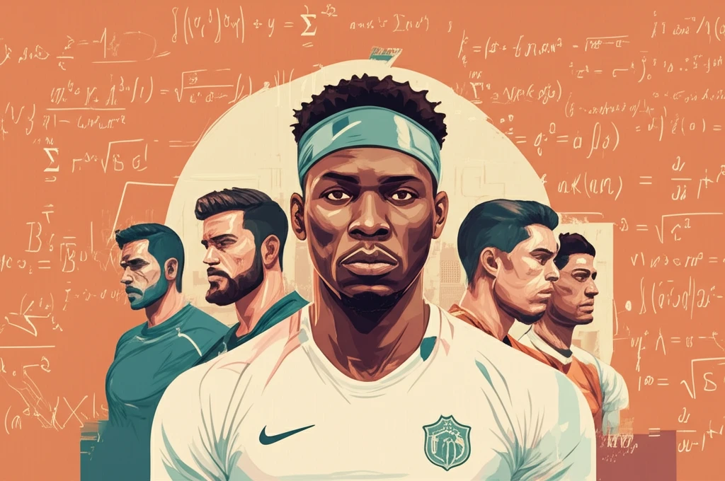Diverse sports team formed with AI, equations in background.