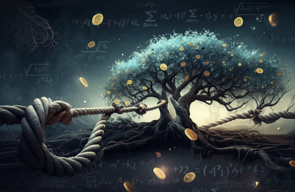 A surreal illustration of intertwined tug-of-war ropes and mathematical equations, symbolizing the intersection of game theory and advanced mathematics.