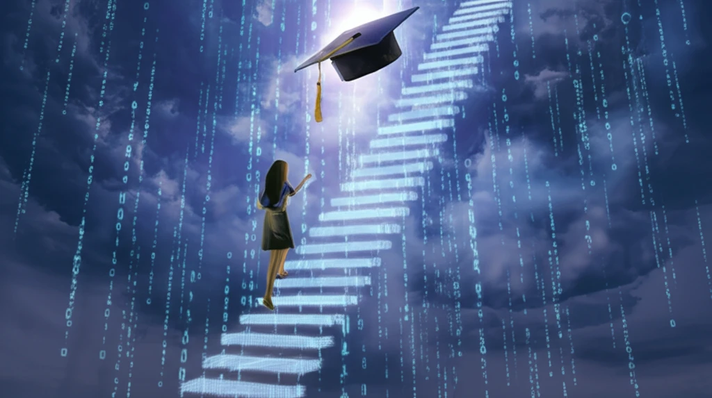 Student climbing data staircase to graduation