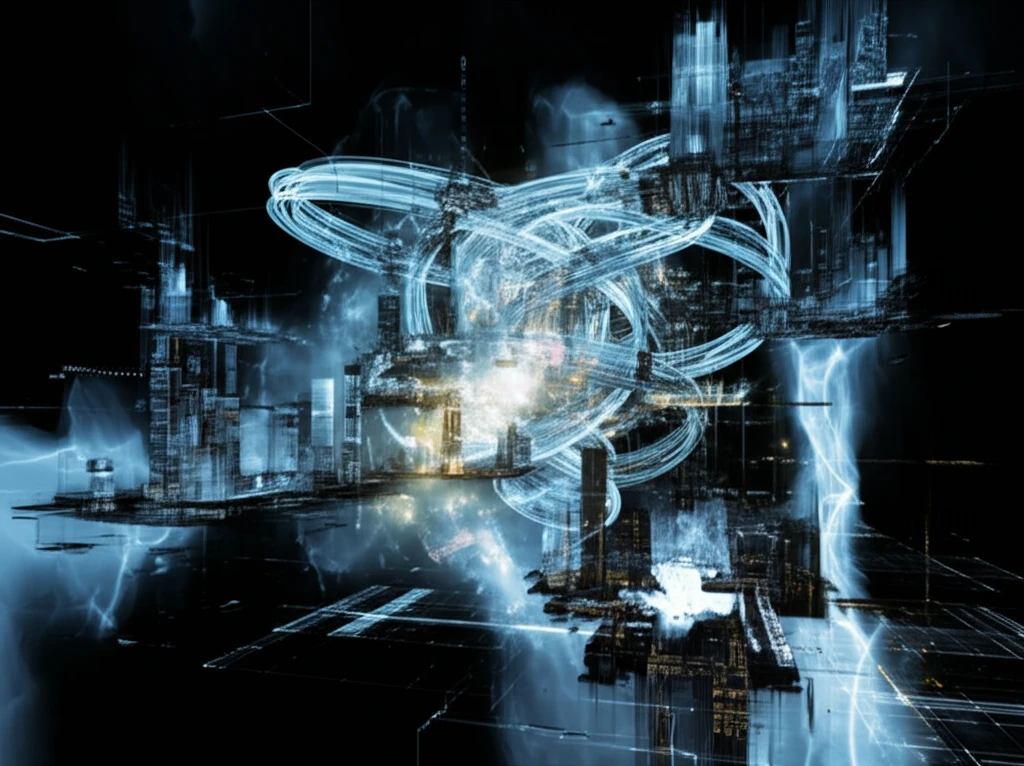 Intertwined data streams forming a cityscape with glowing connections representing interactive fixed effects.