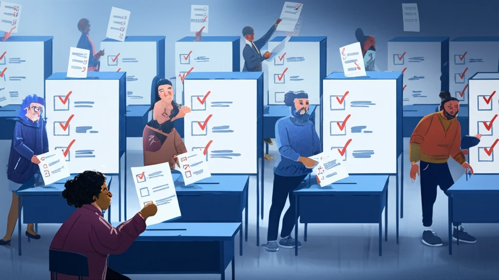 Diverse voters casting ballots with multiple checkmarks, symbolizing the power of approval voting.