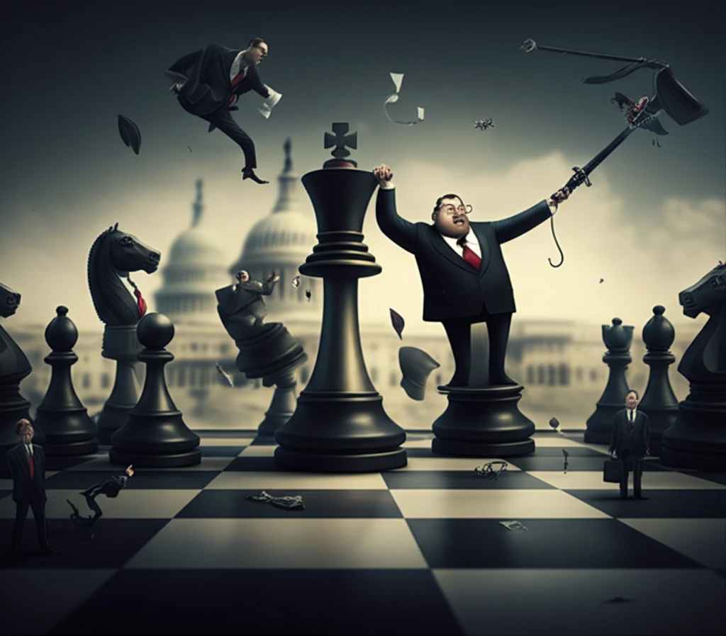 Chess pieces shaped like politicians and lobbyists battling on a chessboard overlaid on the US Capitol building.