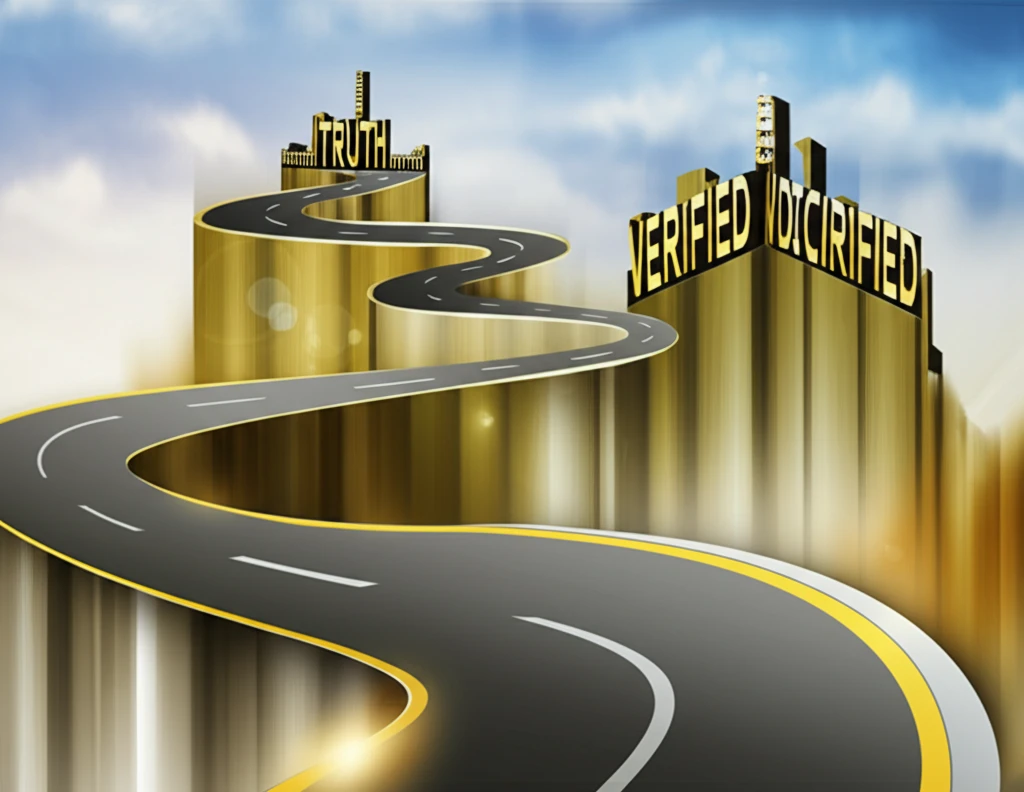 Winding digital road symbolizing the journey from rumors to verified truth.
