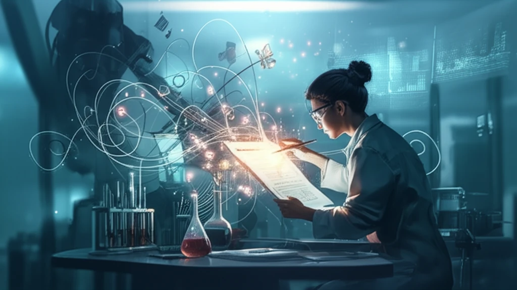 Scientist crafting a grant proposal, ideas intertwined with lab equipment.