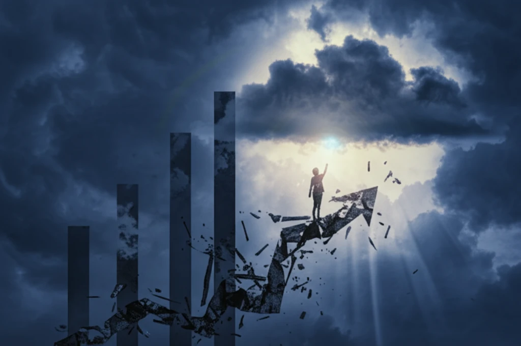 Financial graph crumbling under a dark cloud