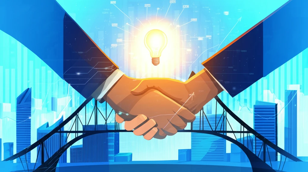 A bridge formed by a handshake connects two cities, symbolizing innovation through research joint ventures.