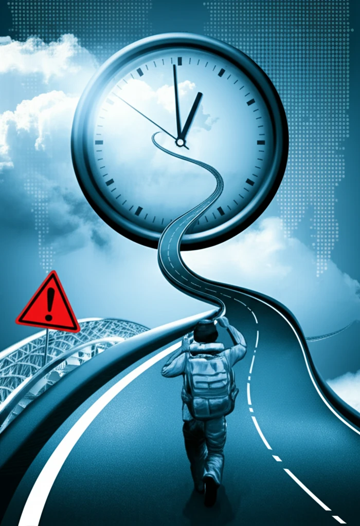 A surreal depiction of travel time variability, showing a winding road and a digital clock.