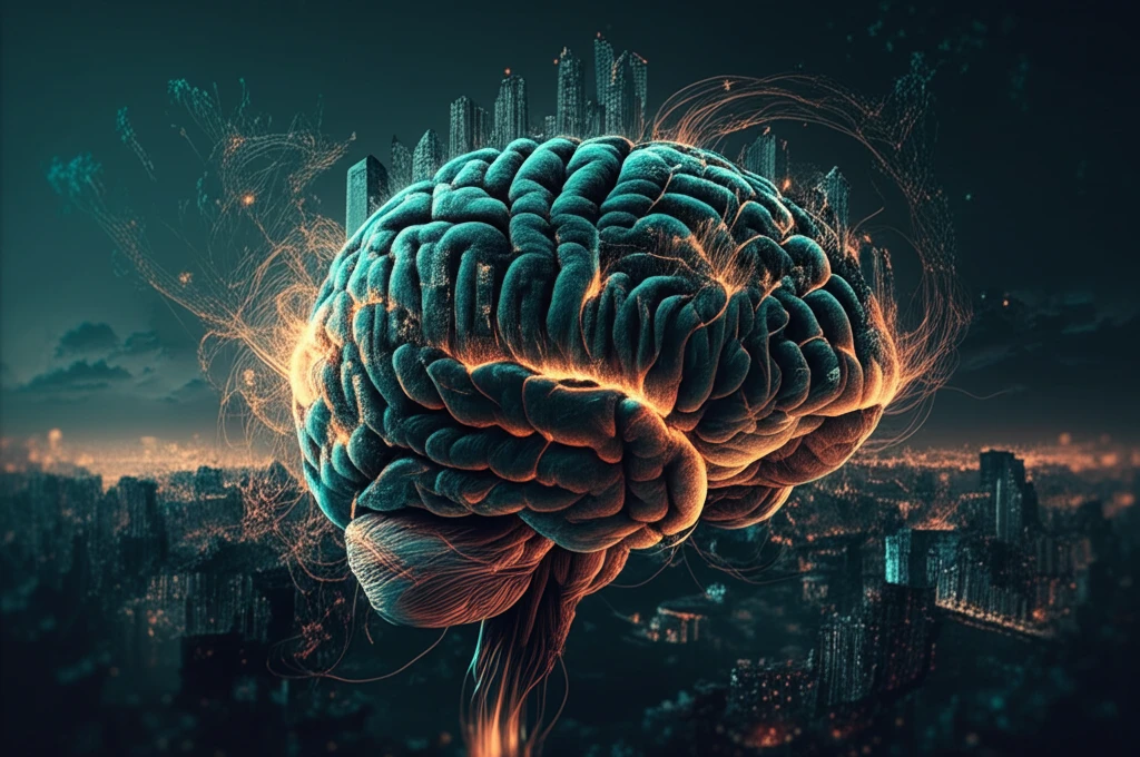 Global cityscapes interconnected as a brain, symbolizing collective intelligence in economic forecasting.