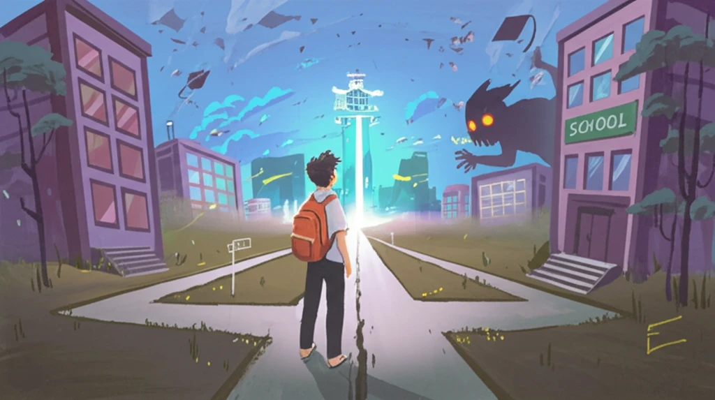 A student at a crossroads, symbolizing the difficult decisions in school choice, with a looming figure representing loss aversion.