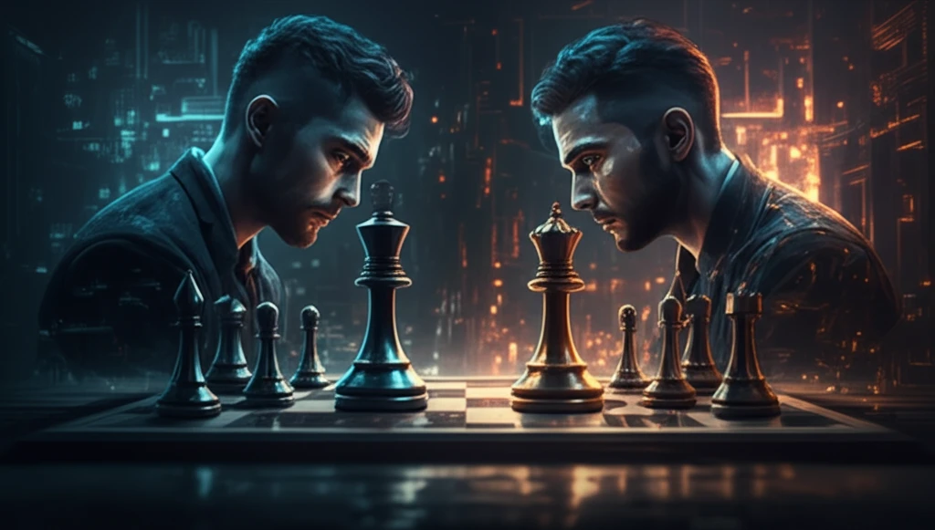 Chess players in blue and orange light facing a vortex chessboard, symbolizing competition and cooperation in strategic learning.