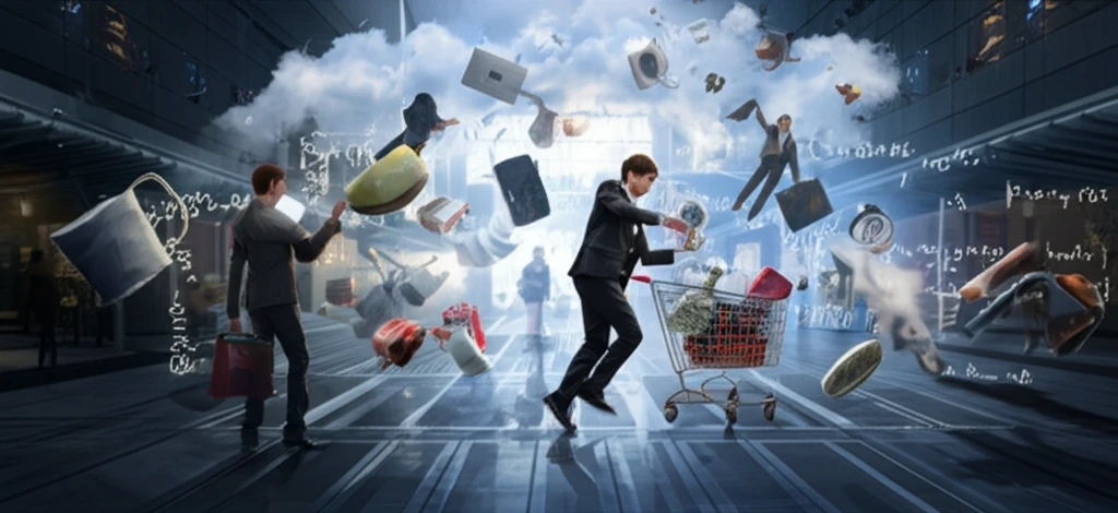 Stylized illustration showing floating shoppers in market with mathematical equations.