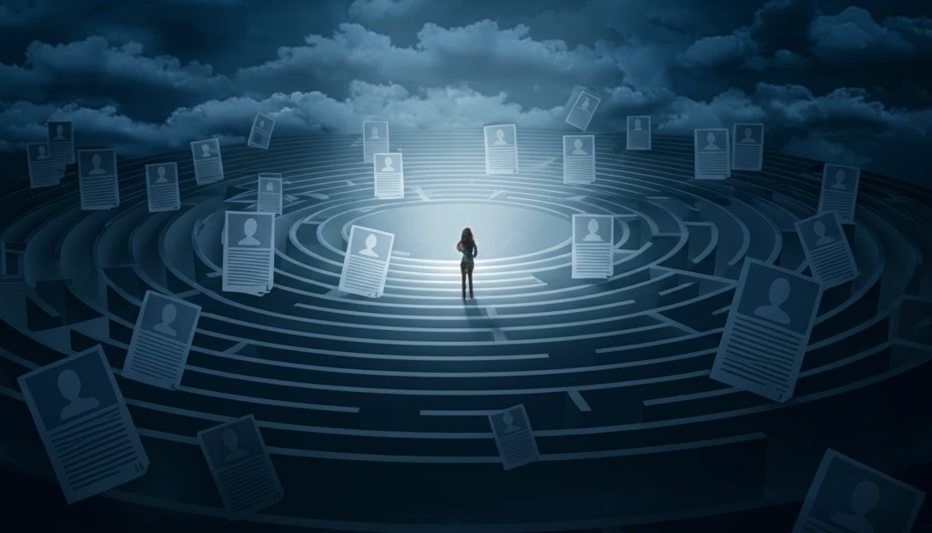 A person navigates a maze of job applications, searching for the perfect opportunity.
