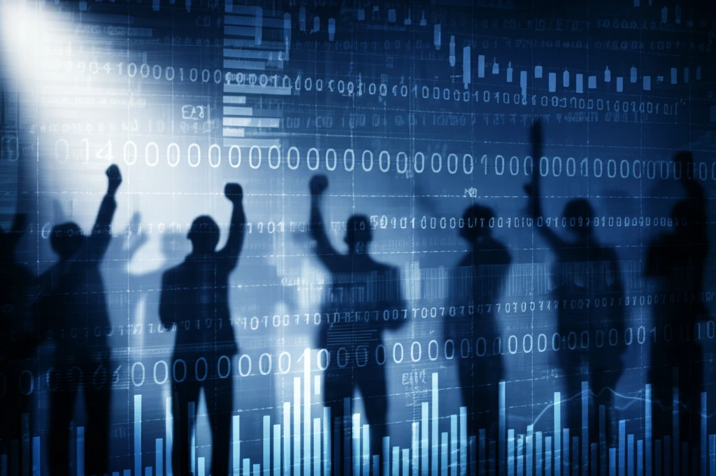 Abstract illustration symbolizing hidden competition in auctions, with shadowy bidders and data streams.