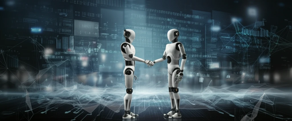 Two robots shaking hands, symbolizing AI cooperation and agreement.