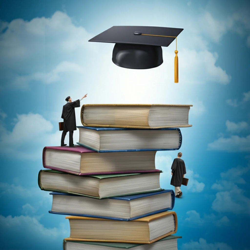 Students climbing a symbolic staircase towards graduation.
