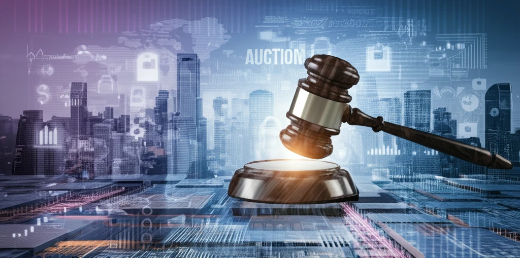 Abstract illustration of a gavel striking a cityscape with glowing ad displays, representing online advertising auctions.