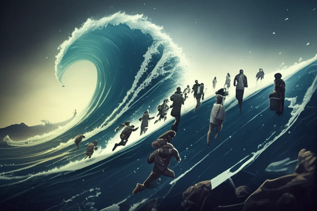 Surreal illustration of a wave of people rushing towards a trend, then receding.