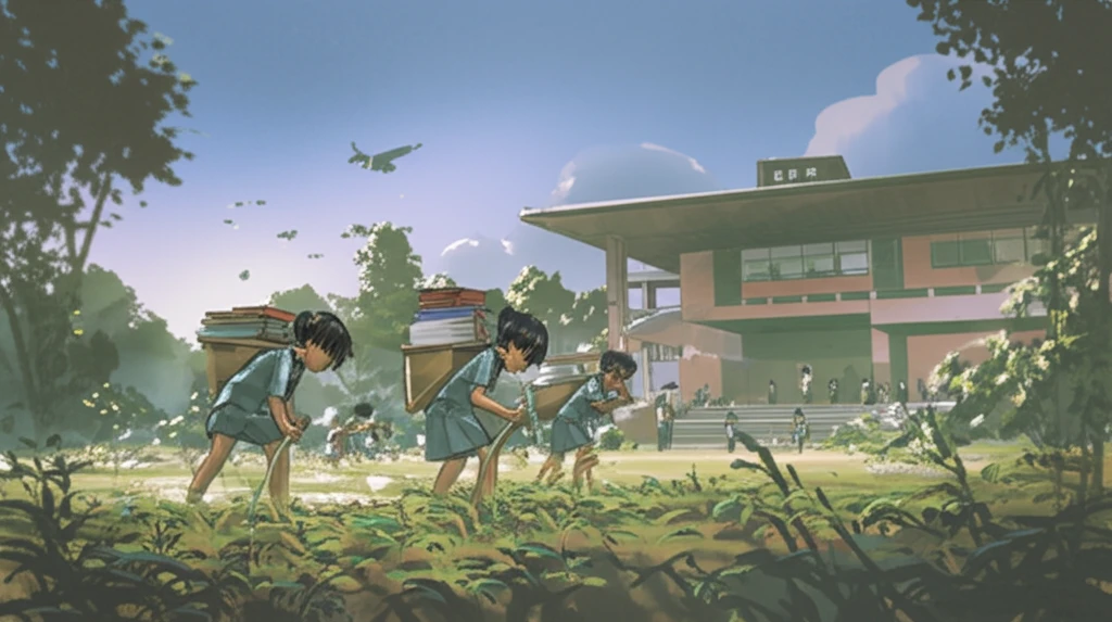 Children in school uniforms working in a field.
