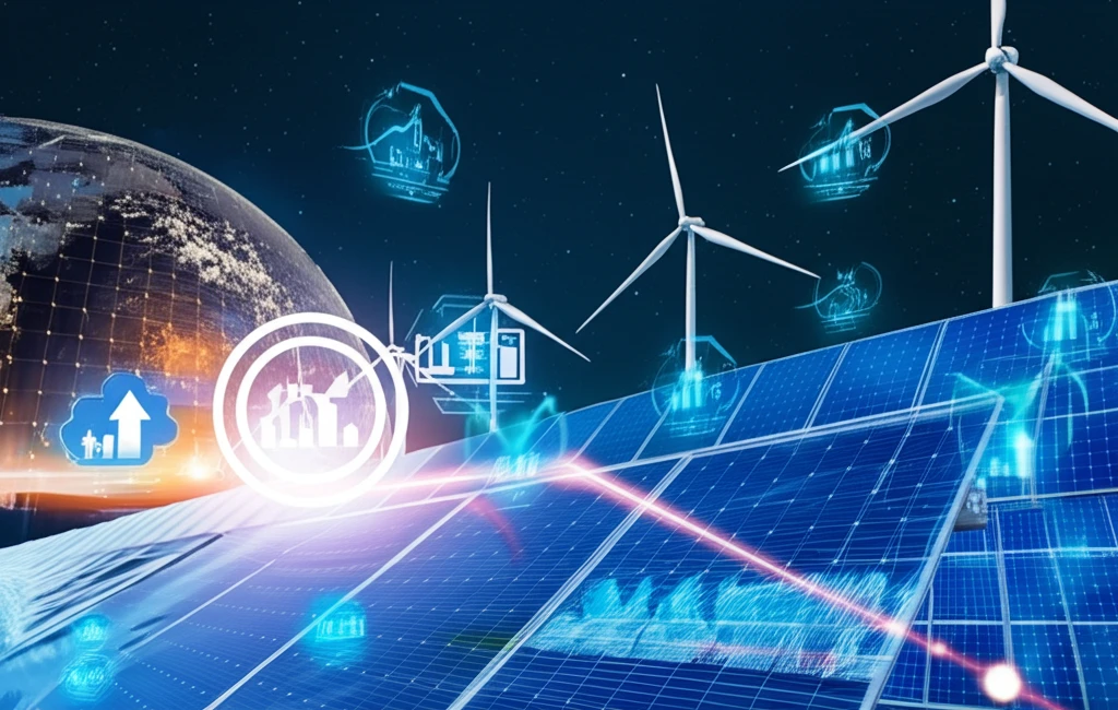 AI generated climate model of solar panels and wind turbines.