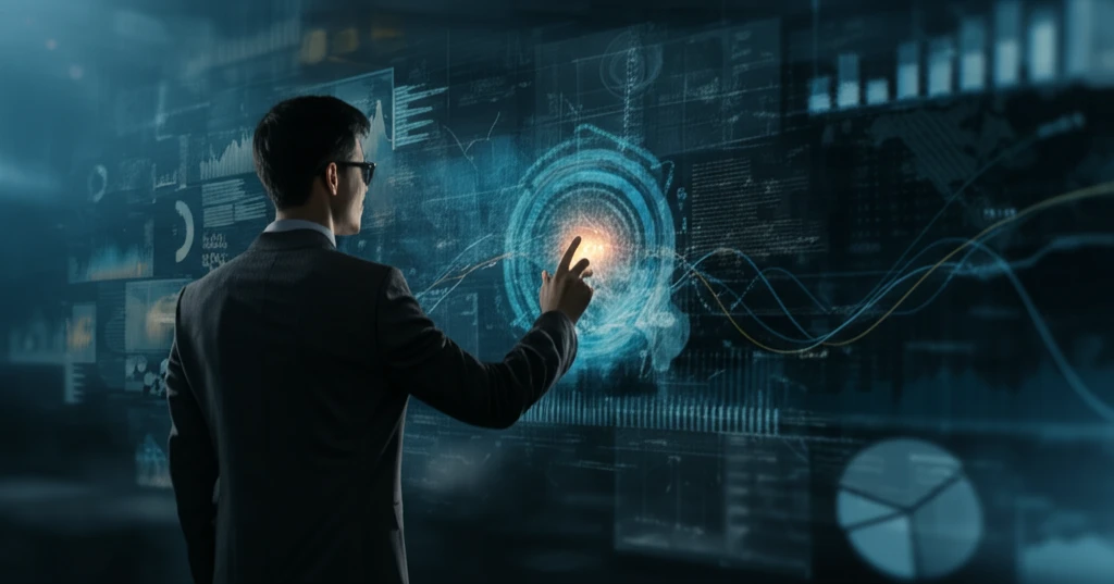 Economist analyzing economic forecasts using holographic interface.