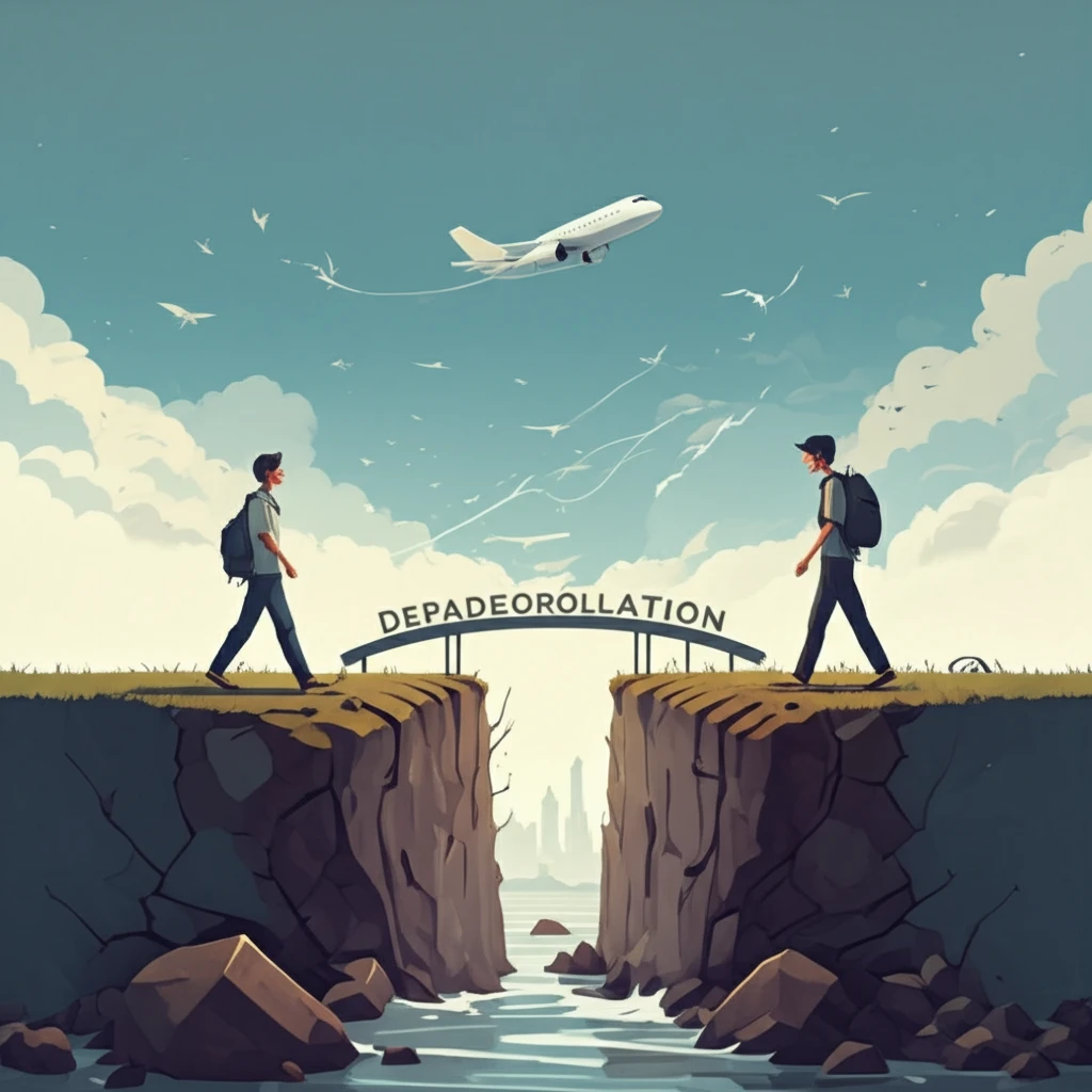 Divided landscape symbolizing political polarization with a subtle bridge forming, representing depolarization among young people.