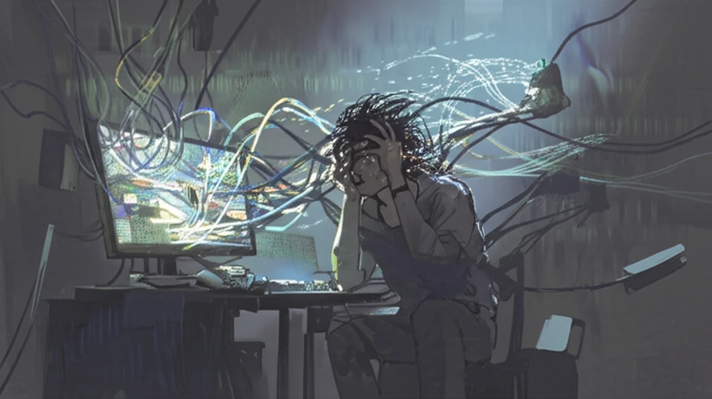 Person overwhelmed by digital information streams.