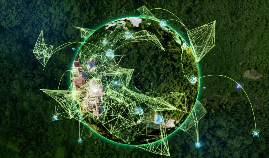 Interconnected global networks symbolizing trade, technology, and research, with a vibrant green canopy representing inclusive green growth