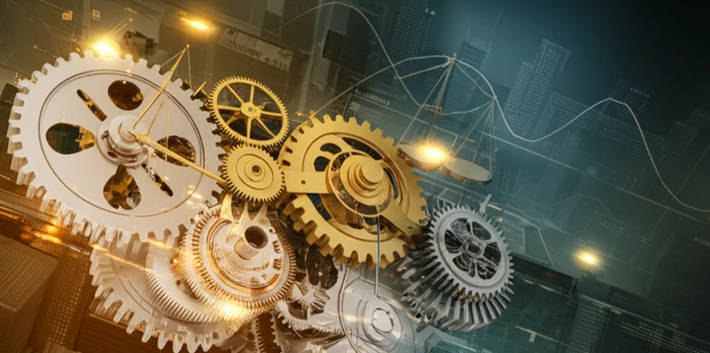 Surreal illustration of economic mechanisms with interconnected gears and scales.