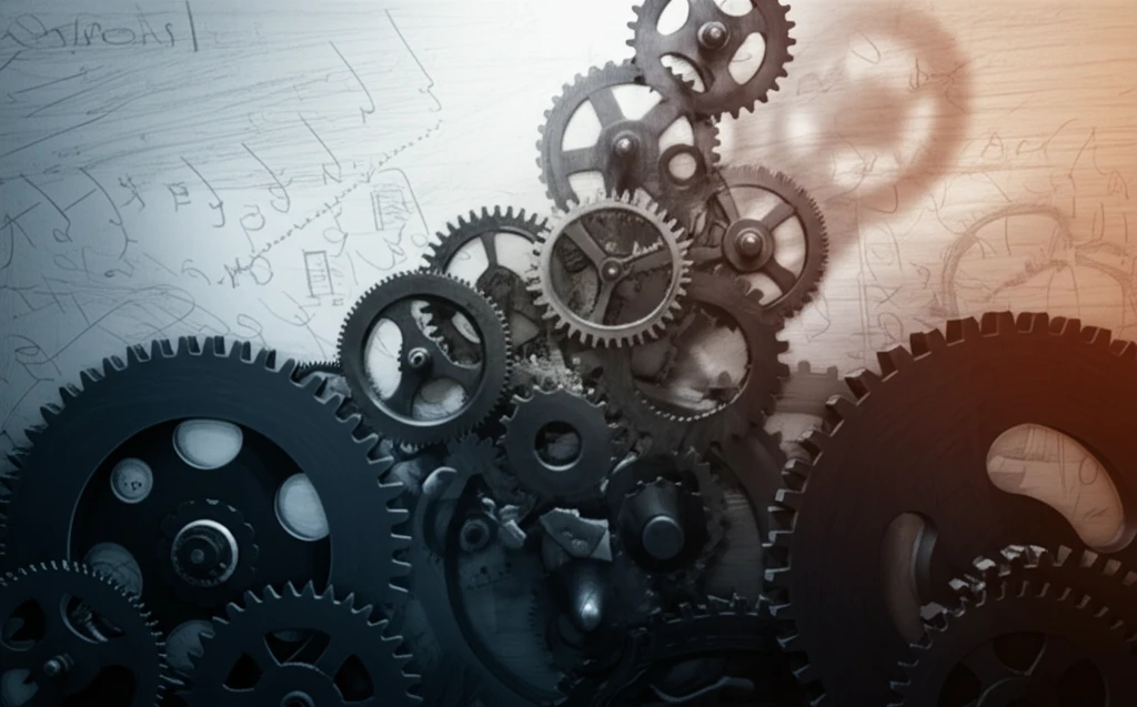 Abstract illustration of interconnected gears and networks representing collusion, with deep shadows and symbols of economic theory, and case studies, to showcase how the research on the topic has changed.
