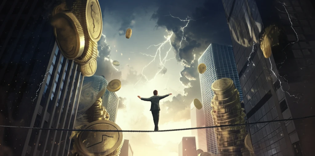 A person balancing on a tightrope, representing the risk/reward tradeoff.