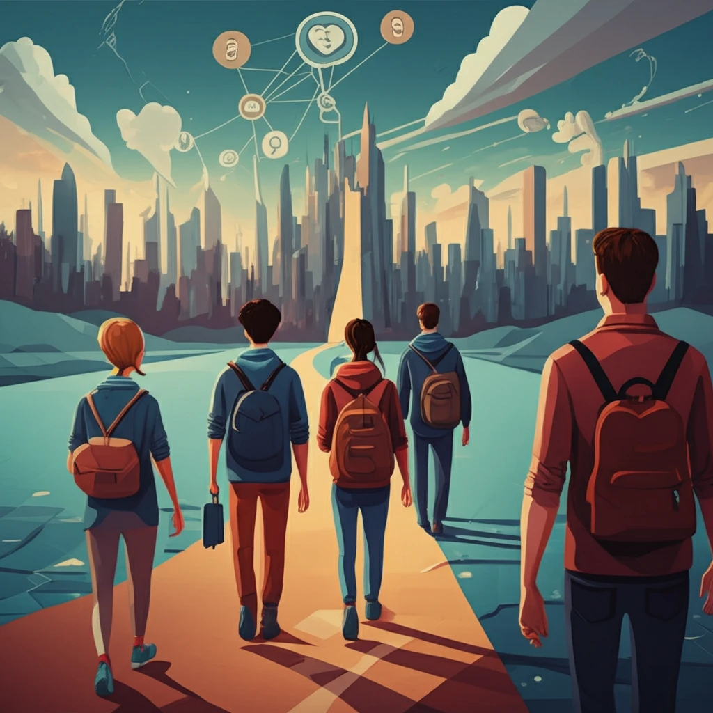 Teenage friends walking towards a future cityscape, symbolizing the impact of adolescent relationships on career success.