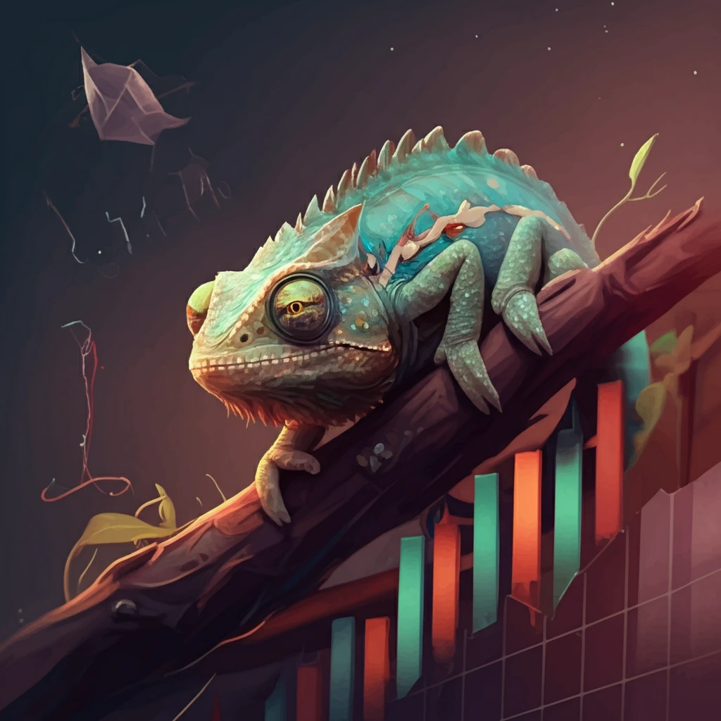 Chameleon blending into a stock market chart.