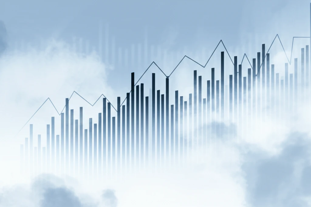 Economic graph overlaid with fog representing increasing uncertainty in future forecasts.