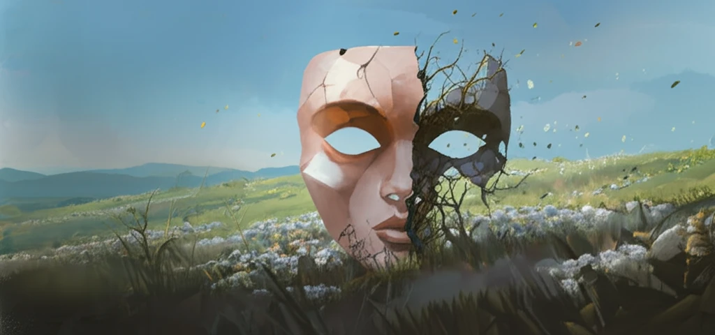Cracked mask revealing wildflowers, symbolizing hidden treatment effects.