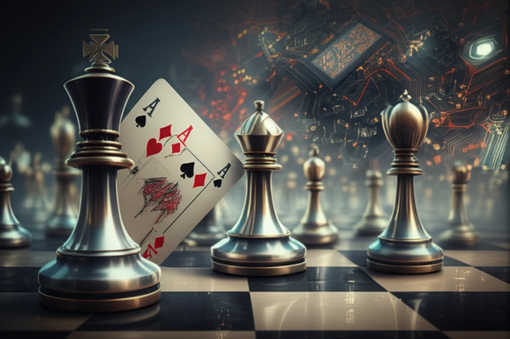Surreal illustration of chess, poker, and circuits symbolizing strategic decision-making and AI.