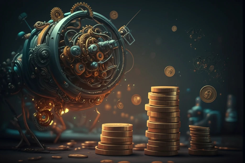 Complex machine versus stacked coins symbolizing revenue maximization.