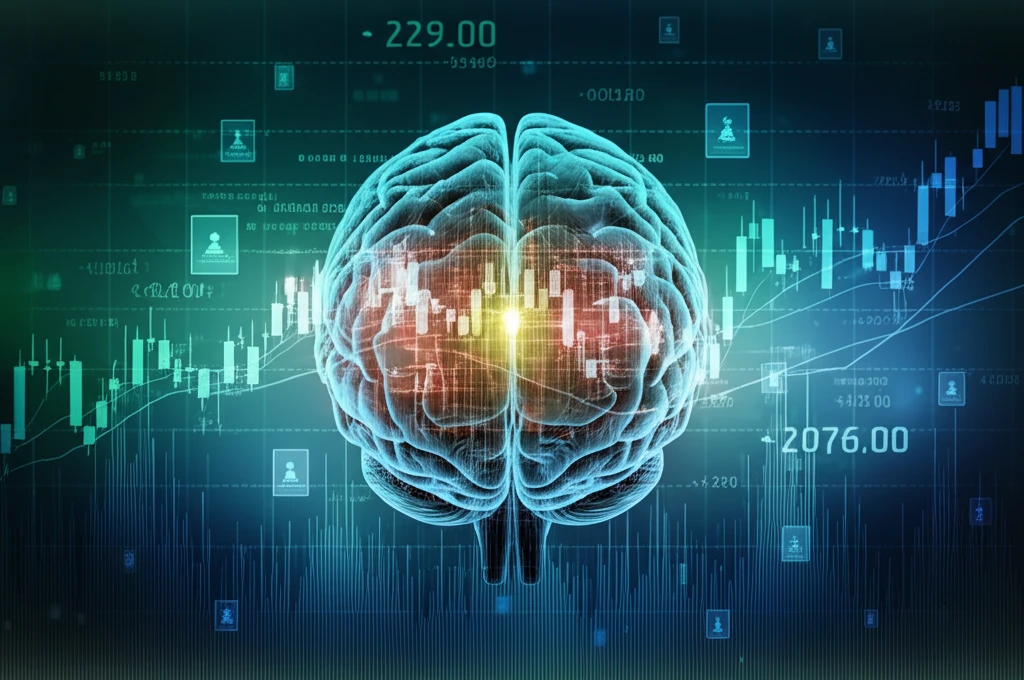 Brain intertwined with stock market charts, symbolizing the intersection of psychology and finance.