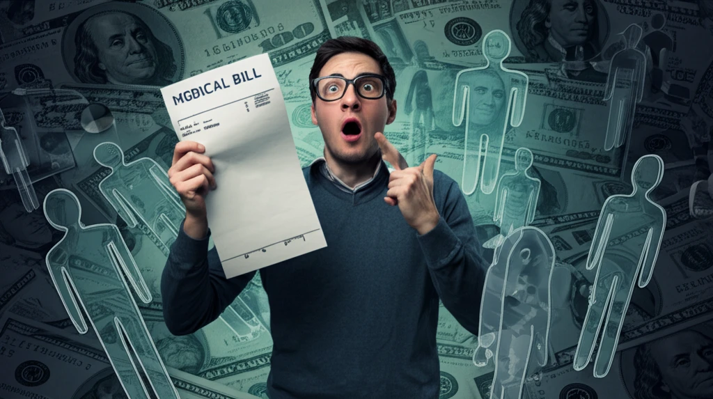 Surreal illustration of medical bill shock.