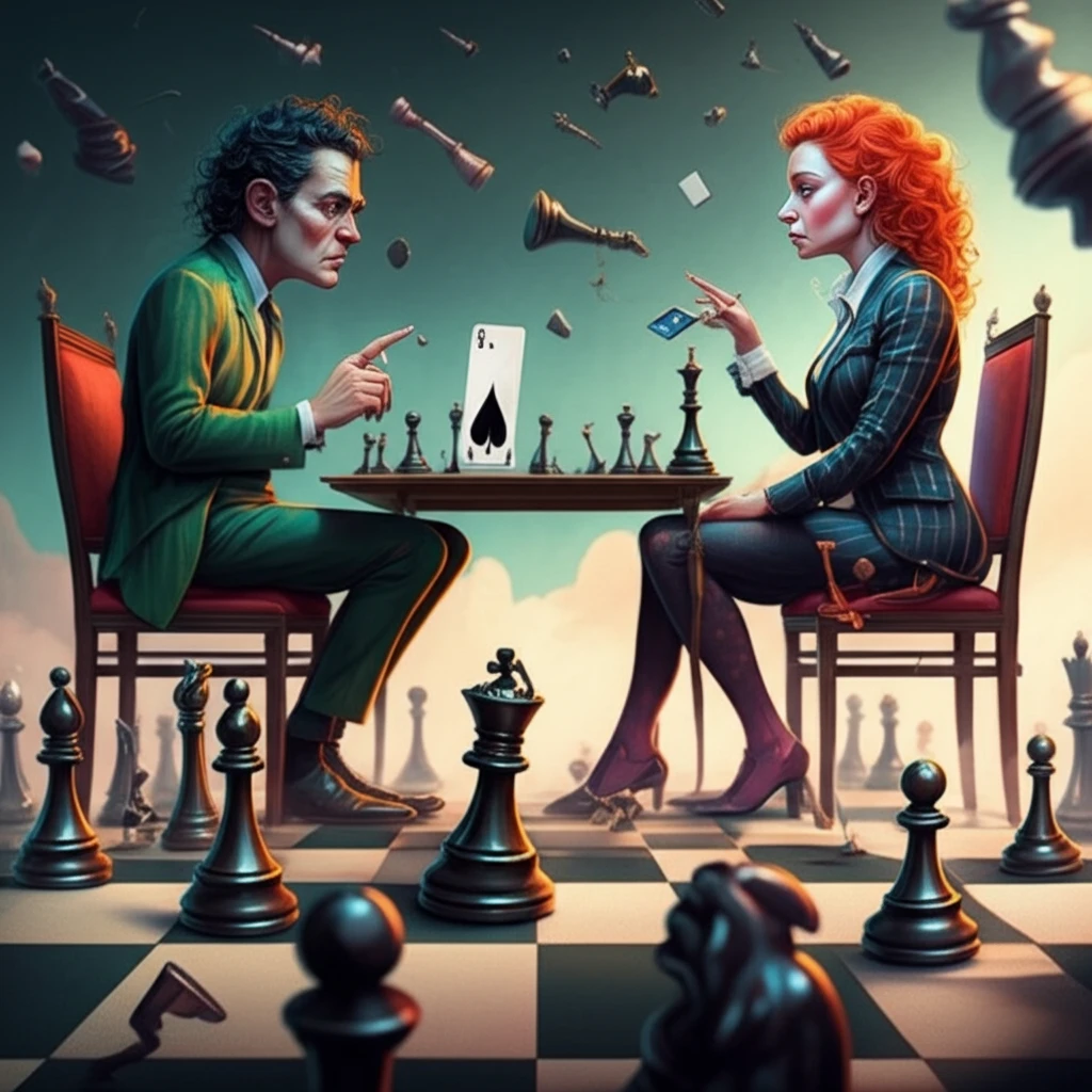 Surreal illustration of a negotiation scenario with hidden information influencing the outcome.