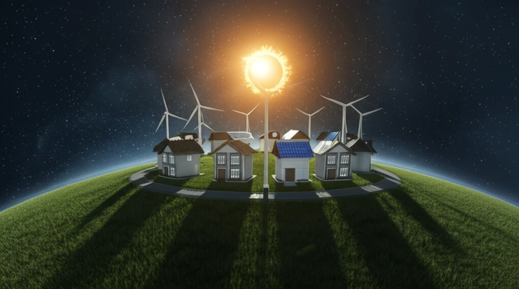 Energy community with houses connected in a circle with sun and wind energy flowing.