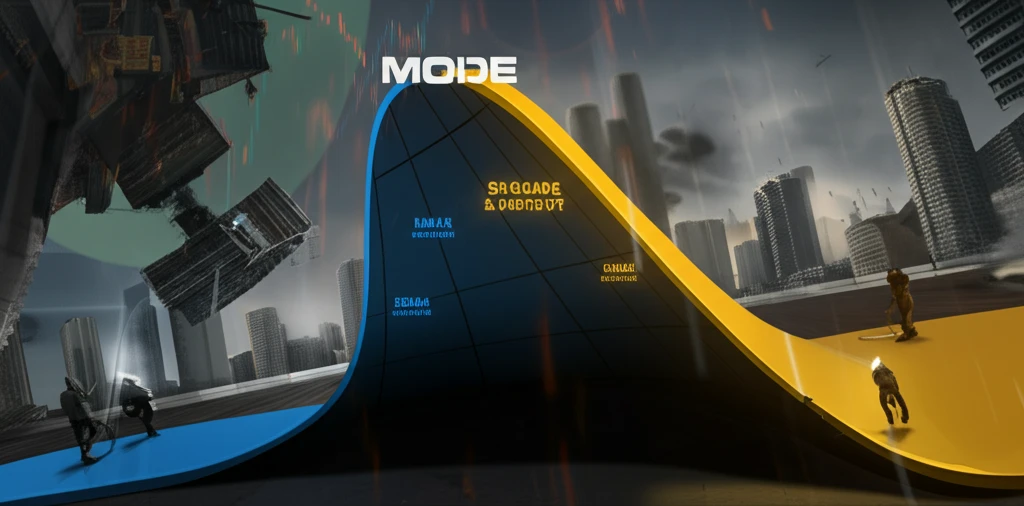 Skewed distribution bell curve highlighting the mode, with a cityscape background.