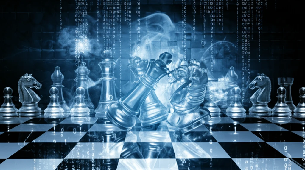 Surreal illustration of game pieces on a chessboard, symbolizing uncertainty in strategic decisions.