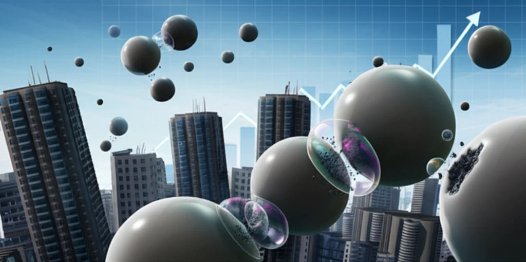 A surreal cityscape with inflated buildings representing asset bubbles.
